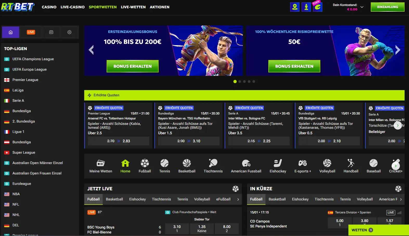 Teilansicht der Kategorie Sportwetten bei RT Bet