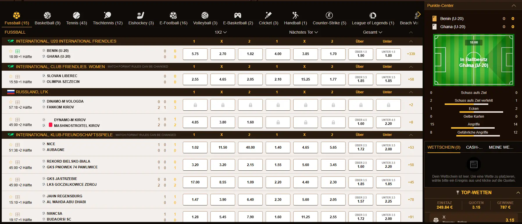 Auszug der Live Wetten Auswahl beim Sportwetten Anbieter Dazardbet