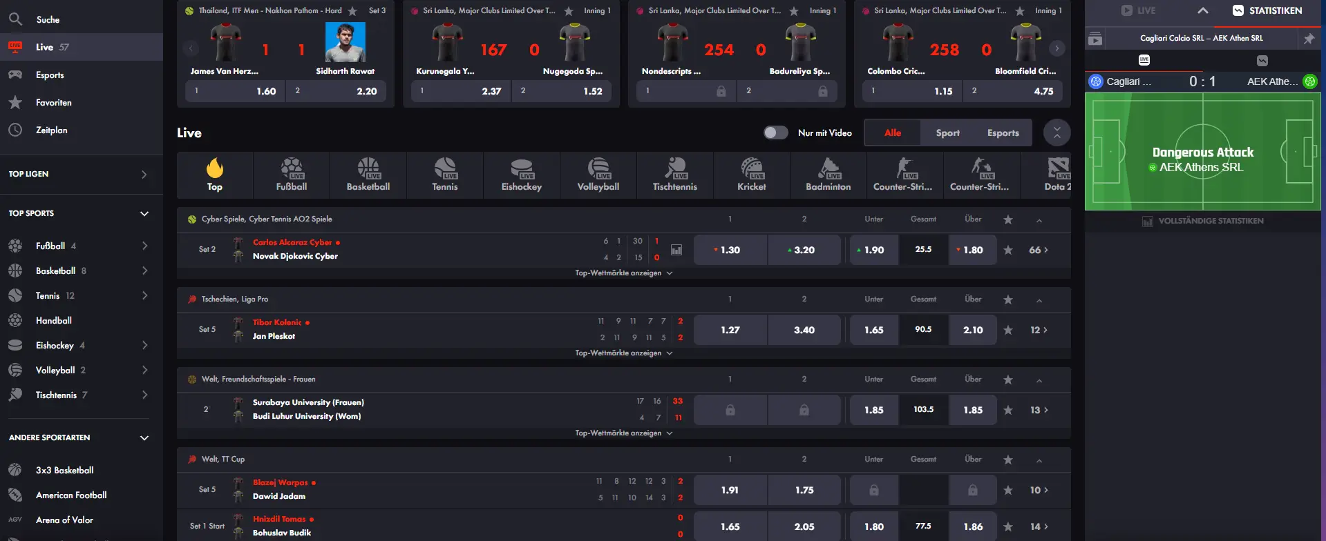Auszug der Live Wettan Auswahl beim Sportwetten Anbieter Roosterbet