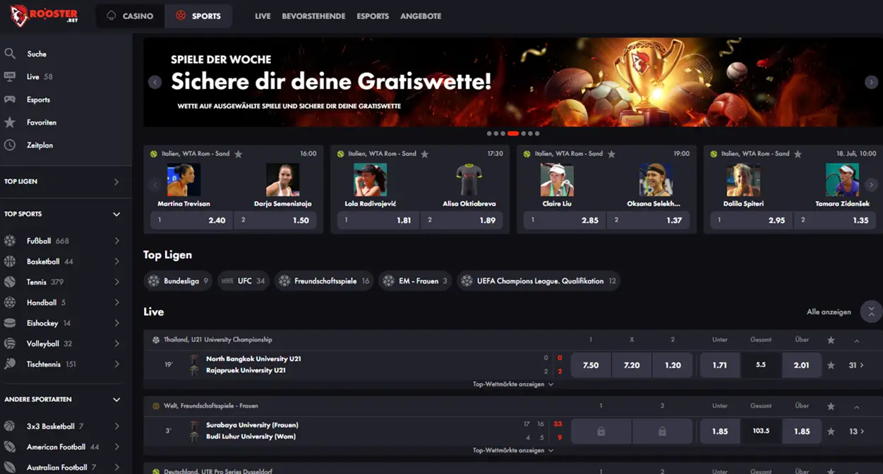 Auszug der Wettauswahl beim Sportwettenanbieter Roosterbet