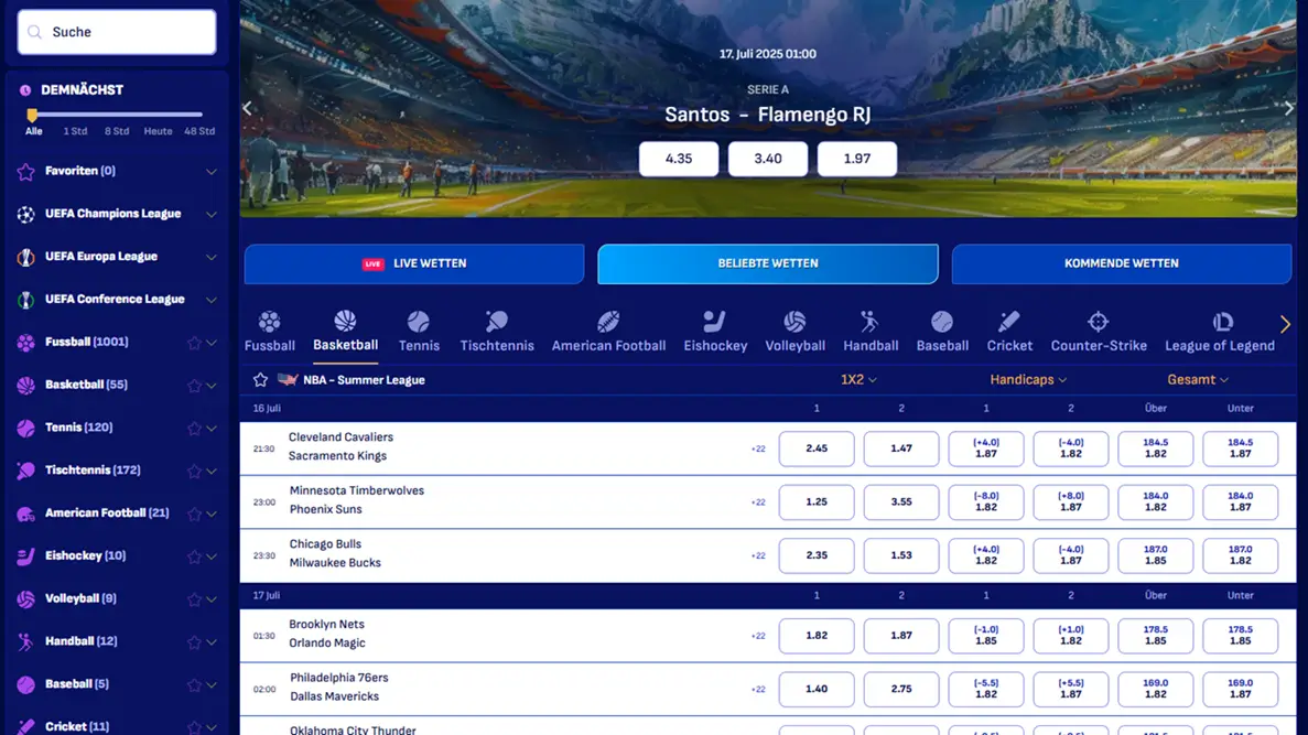 Auszug der Wettauswahl beim Sportwettenanbieter Wonaco