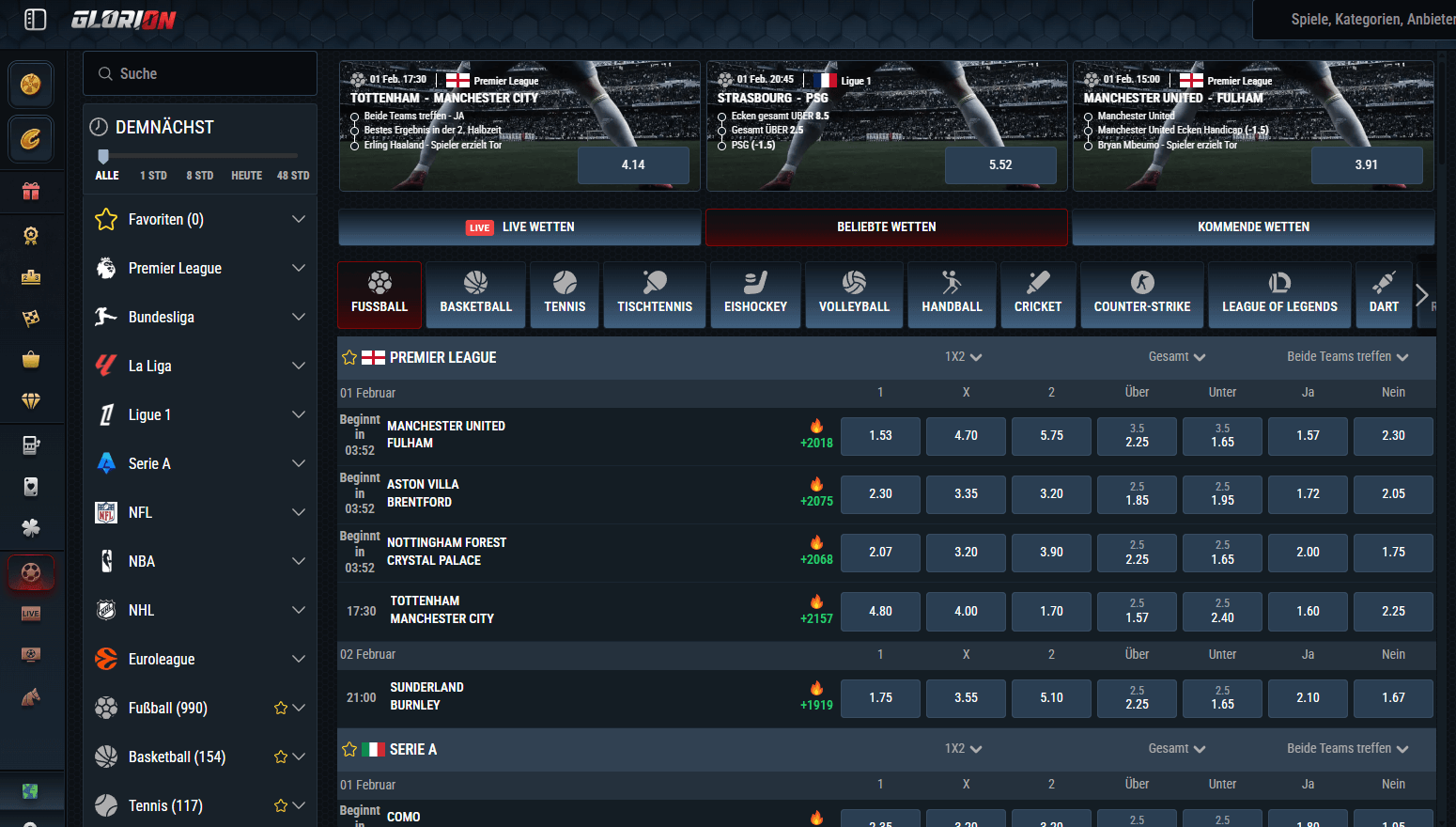 Wettauswahl bei Glorion