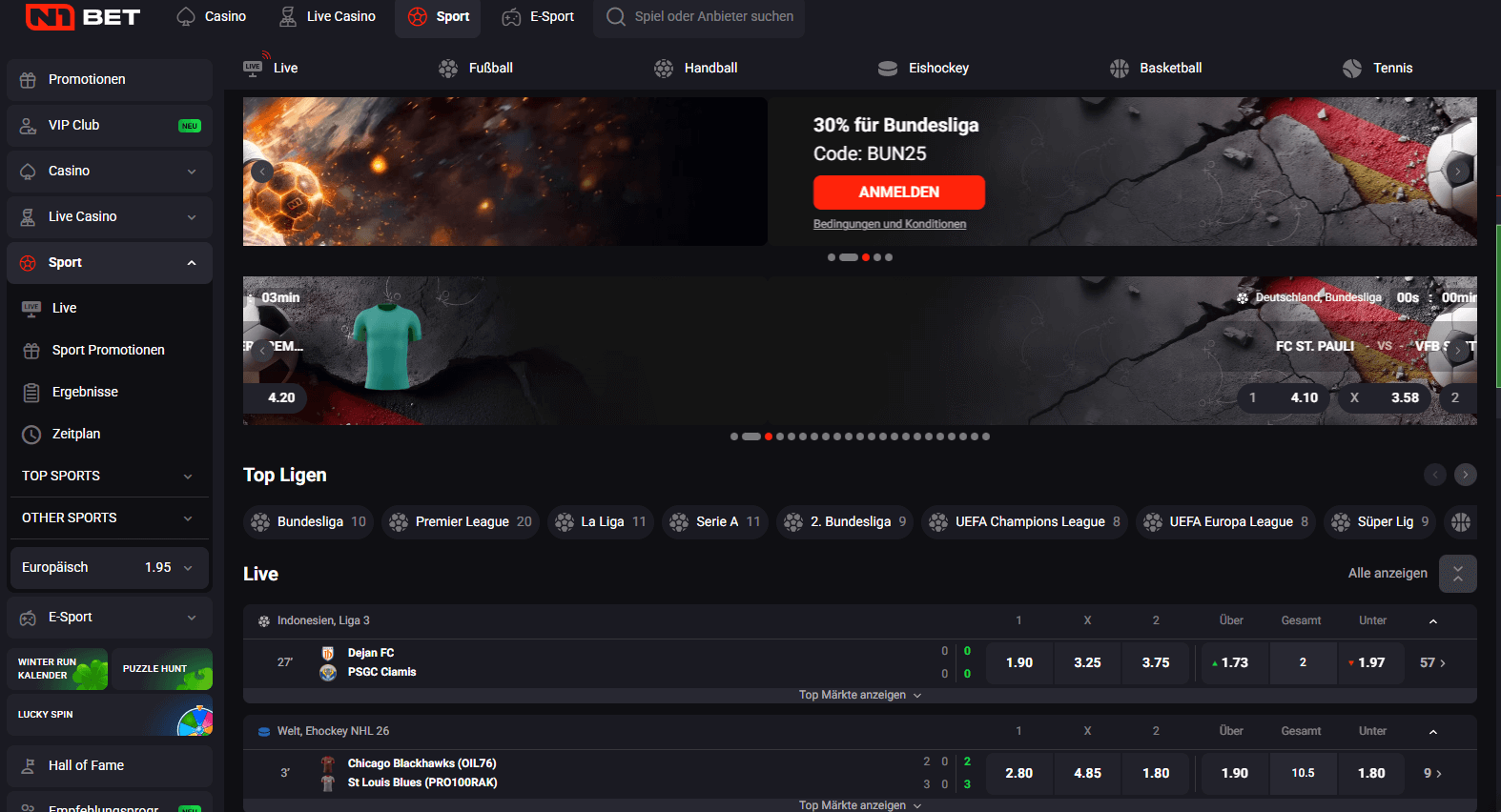 Wettauswahl bei N1Bet