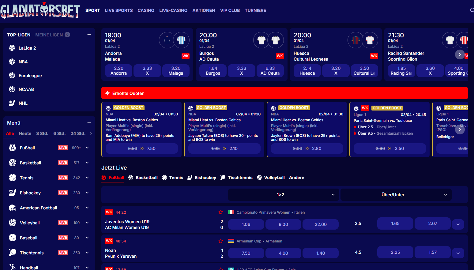 Gladiatorsbet Auszug der Wettauswahl