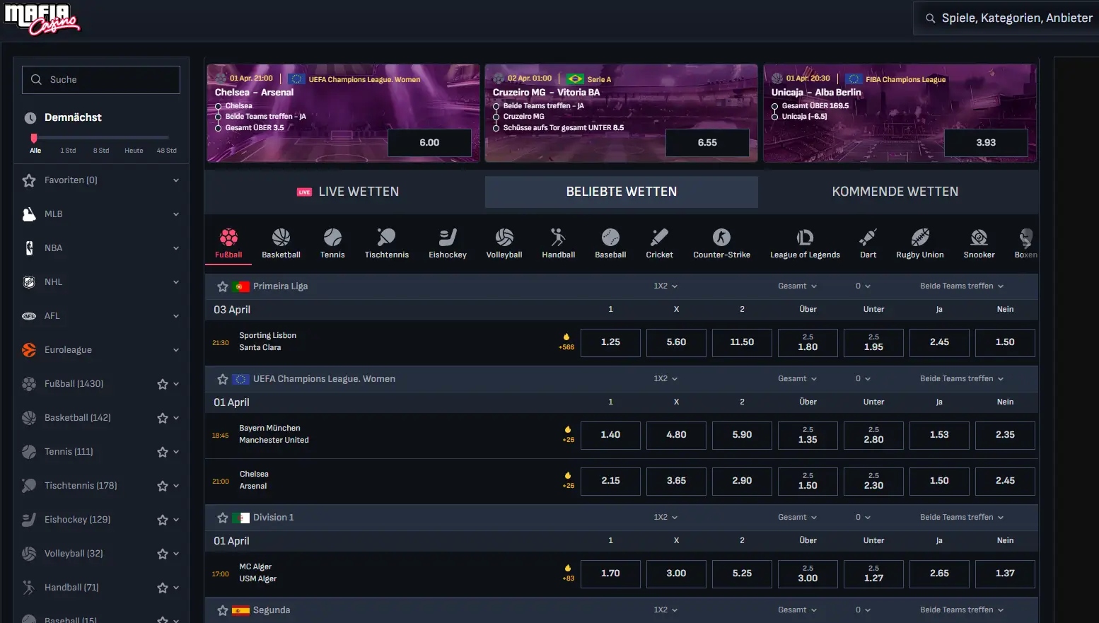 Beliebte Sportwetten im MafiaCasino