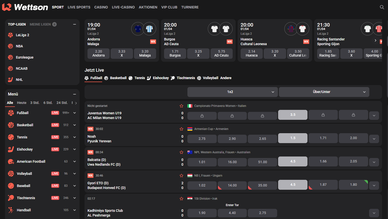 Übersicht der Wettauswahl bei Wettson